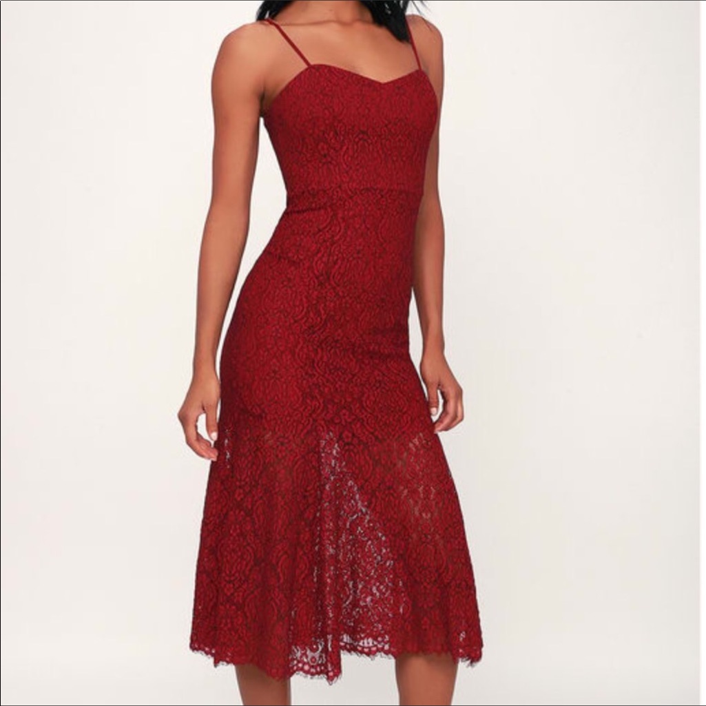 4 Sienna Wine Lace Midi Trumpet Skirt Dress